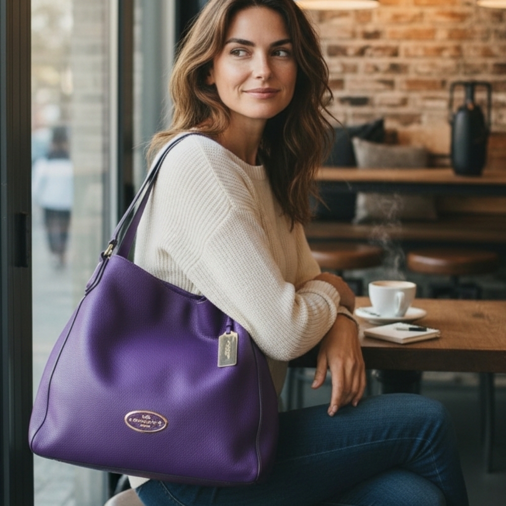 COACH Edie Vibrant Purple Shoulder Bag with Dust Bag & Pair of Twillies